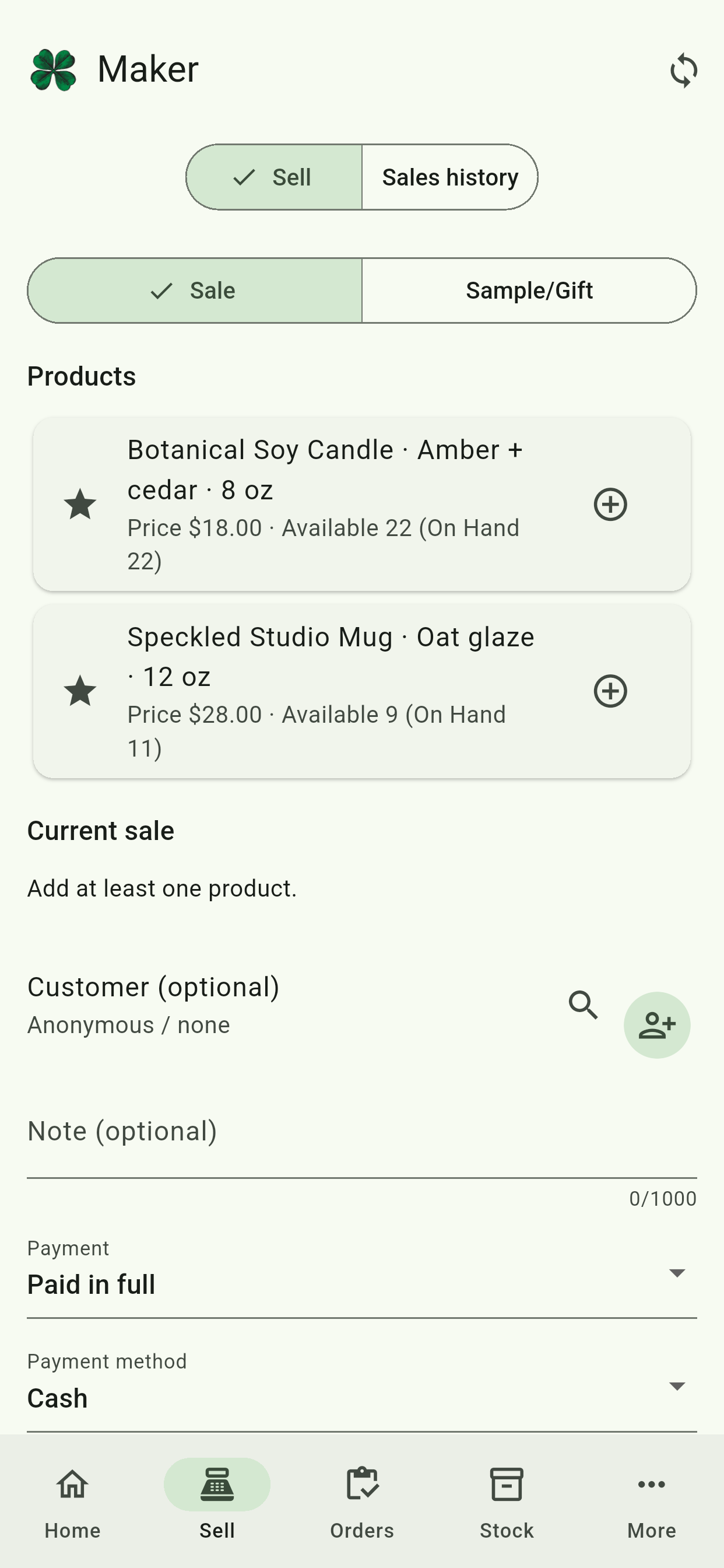 Maker sell screen with products, current sale, customer, payment status and payment method