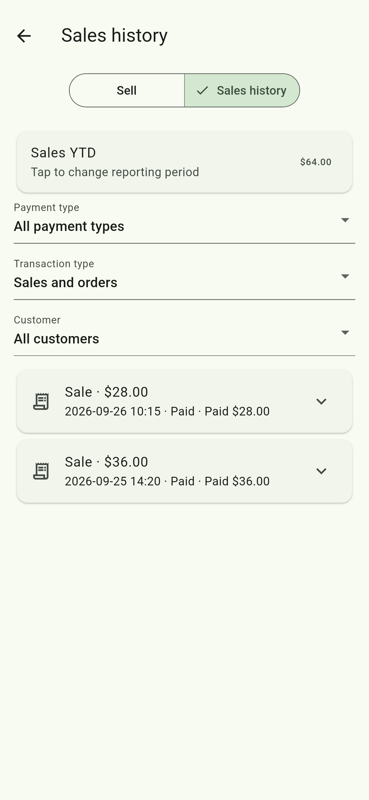 Maker sales-history screen showing year-to-date sales and filters for payment type, transaction type and customer